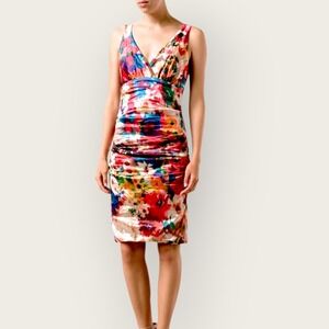 Nicole Miller Dress Sz 12 Floral Dress Multicolor Ruched Sleeveless Bodycon Sexy